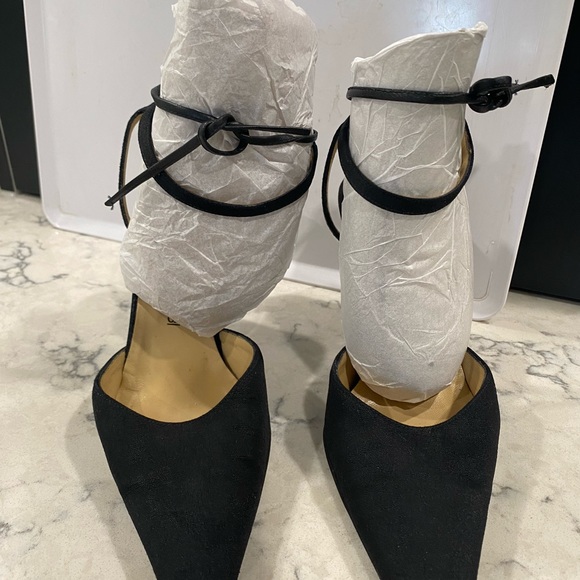 SERGIO ROSSI Black Canvas Ankle-Strap Slingback Heel Pumps Shoes - Picture 2 of 8